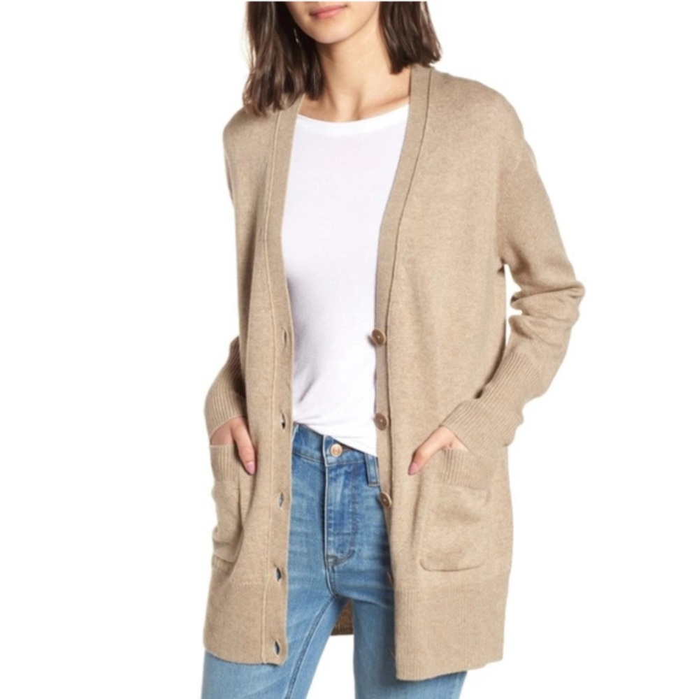 J. Crew Classic 100% Merino Wool Long Cardigan Sweater Preppy Tan Stone EUC sz M - Picture 10 of 10